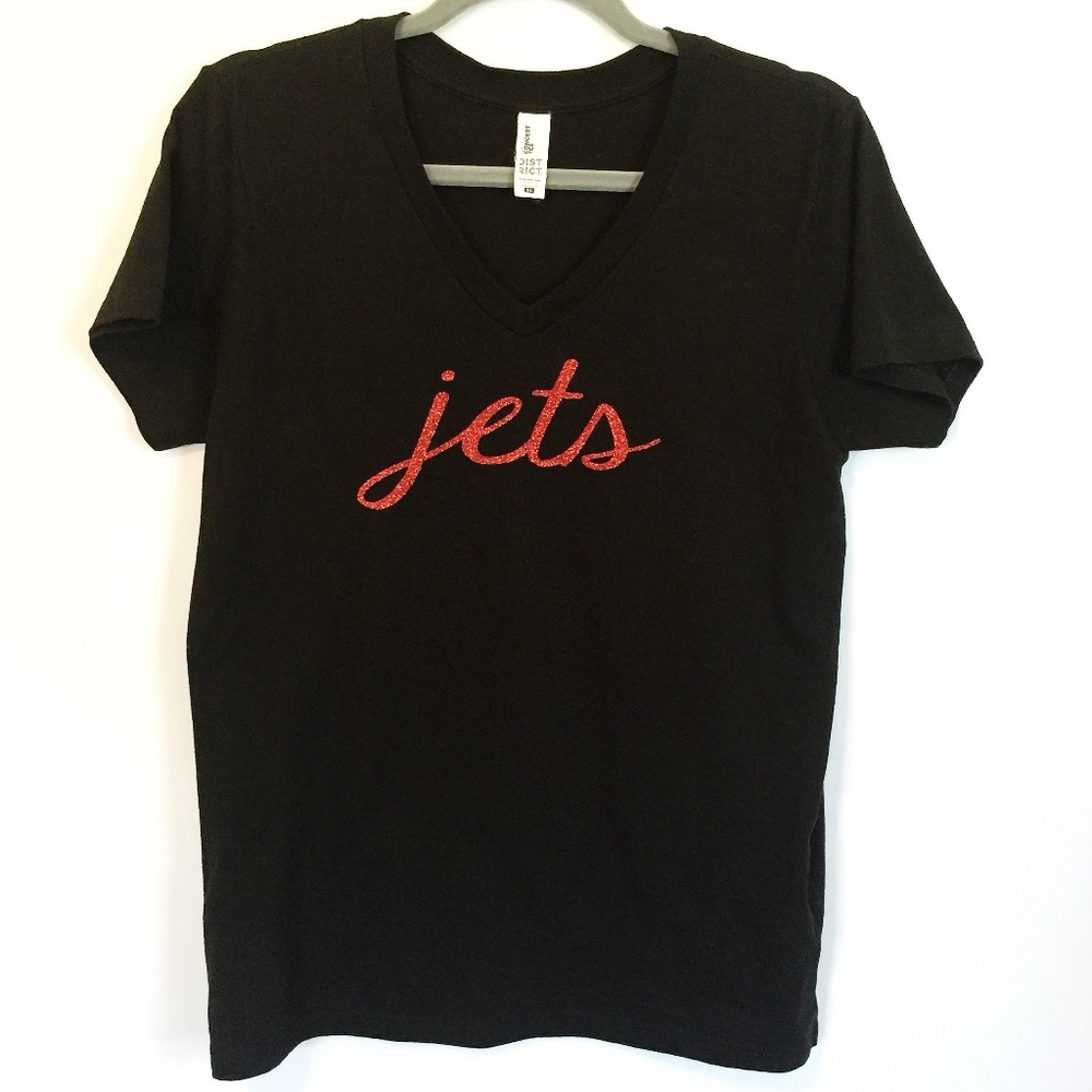 Jets by District T Black with Red Glitter Letters